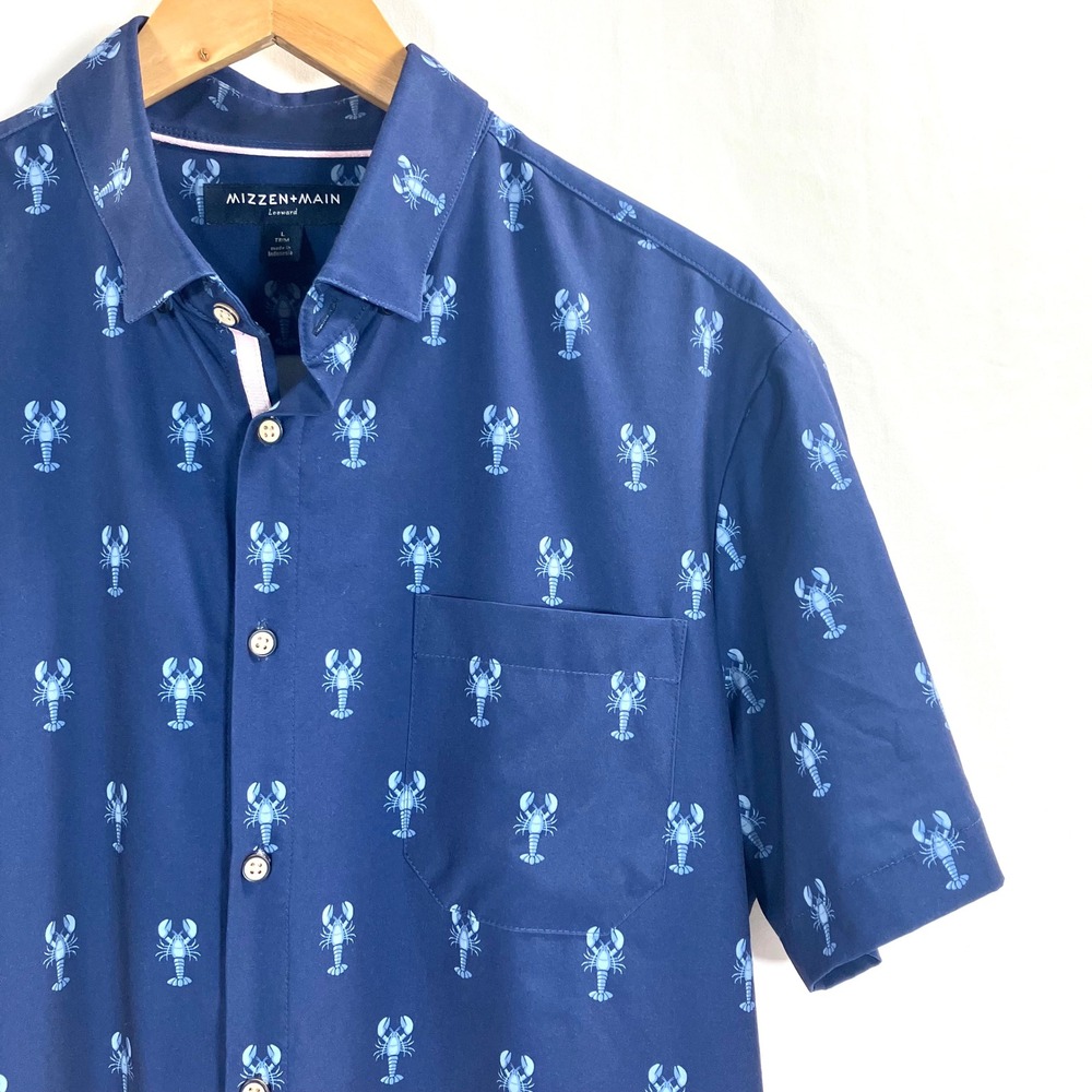 Mizzen+Main Leeward Shirt Blue‎ Lobster Print Short Sleeve Trim Fit Large